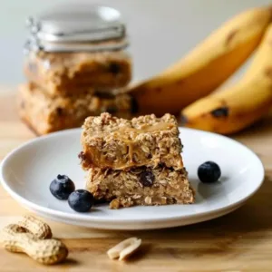 Delicious Banana Peanut Butter Oat Bars on a wooden cutting board.