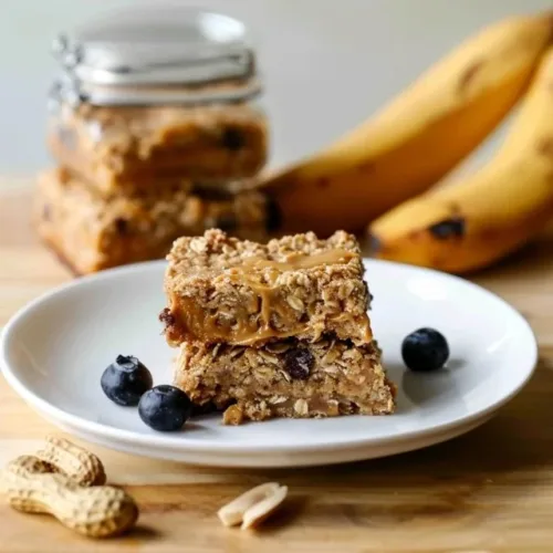 Delicious Banana Peanut Butter Oat Bars on a wooden cutting board.