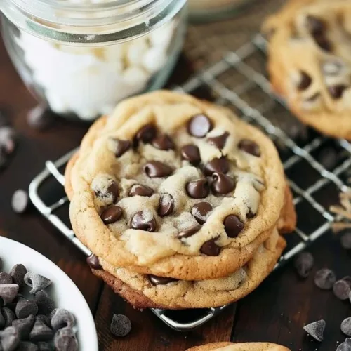 Freshly baked chocolate chip cookies on a cooling rack