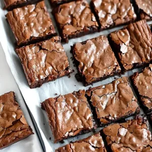 Homemade chewy fudge brownies topped with chocolate drizzle on a plate