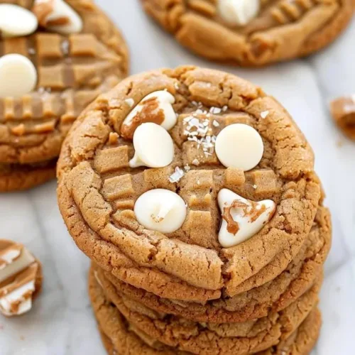 Biscoff White Chocolate Cookies with crispy edges and creamy chocolate topping.