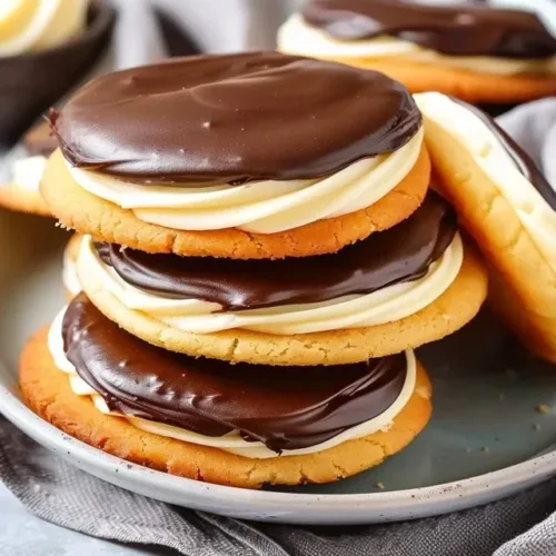 Boston Cream Pie Cookies with chocolate icing and cream filling