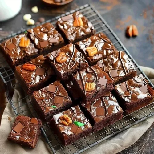 Decorated brownie slab with toppings and vibrant colors for a festive look.