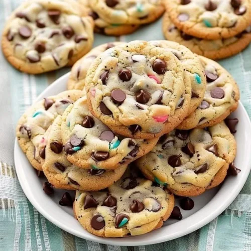 Delicious cake batter cookies on a plate topped with sprinkles