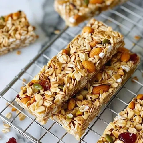 Chewy sourdough granola bars with nuts and dried fruits on a wooden table