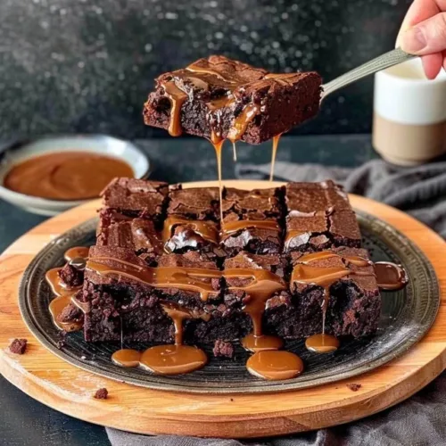 Delicious chocolate brownies topped with salted caramel drizzle