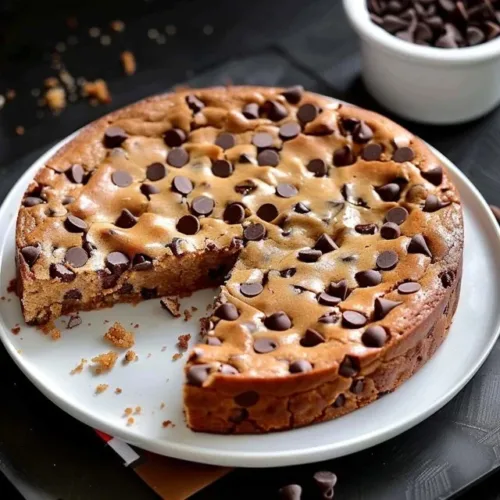 Delicious Chocolate Chip Cookie Cake topped with chocolate chips and frosting