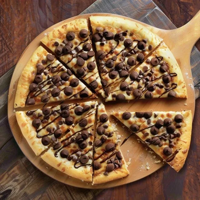 Delicious Chocolate Chip Dessert Pizza with melted chocolate chips and fresh toppings
