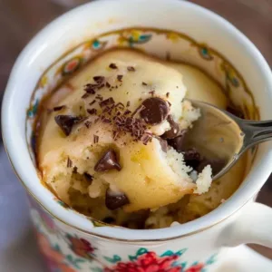 Delicious chocolate chip mug cookie in a ceramic mug ready to be enjoyed.