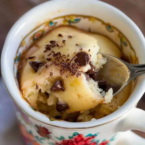 Delicious chocolate chip mug cookie in a ceramic mug ready to be enjoyed.