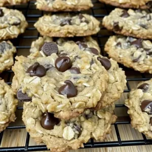 Freshly baked chocolate chip oatmeal cookies on a cooling rack