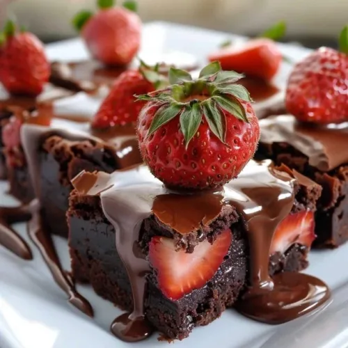 Delicious chocolate covered strawberries on decadent brownies