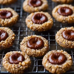Chocolate Hazelnut Thumbprint Cookies on a baking tray