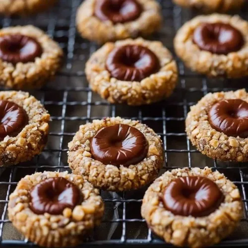 Chocolate Hazelnut Thumbprint Cookies on a baking tray