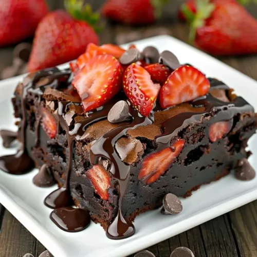 Decadent Chocolate Strawberry Brownies with fresh strawberries on top