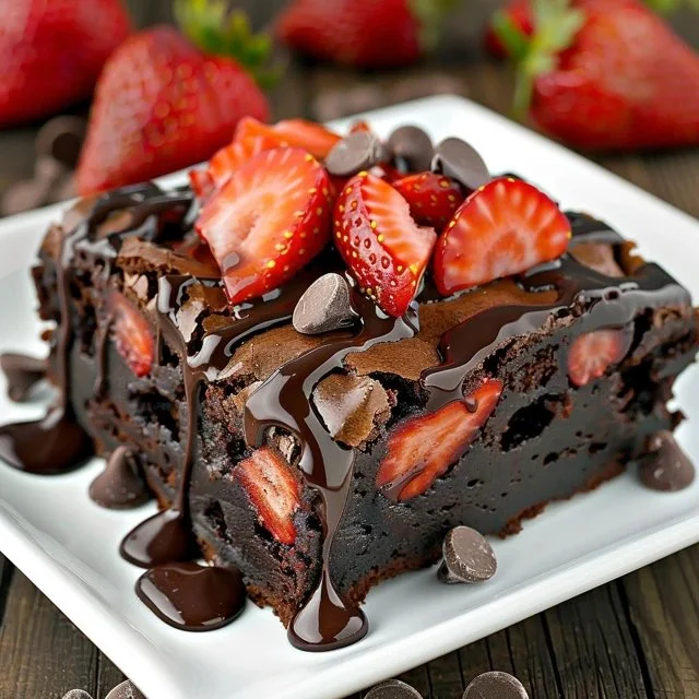 Decadent Chocolate Strawberry Brownies with fresh strawberries on top