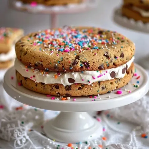 Delicious homemade Cookie Cake served on a wooden table with chocolate chips