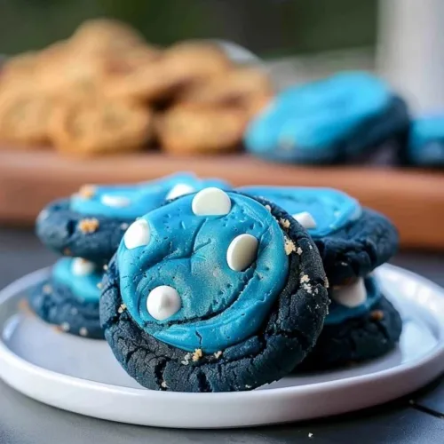 Colorful Cookie Monster Cookies with chocolate chips and blue frosting.