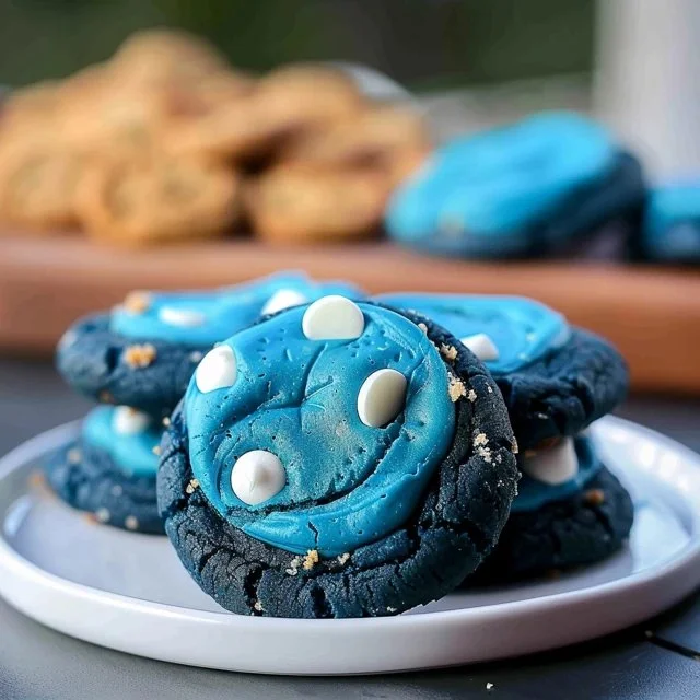 Colorful Cookie Monster Cookies with chocolate chips and blue frosting.