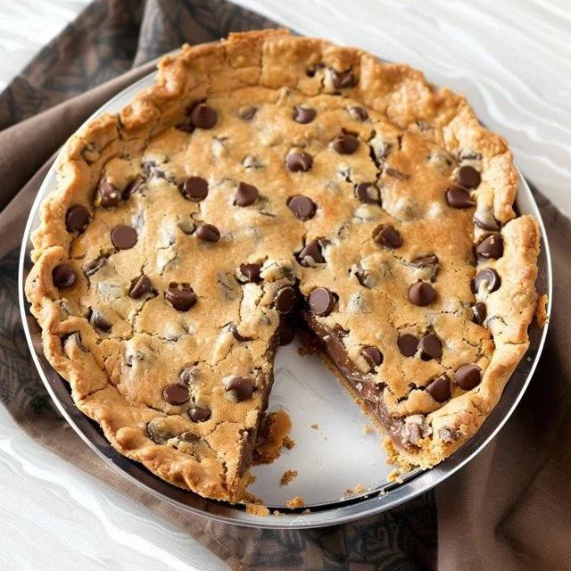 Deep Dish Chocolate Chip Cookie Pie slice with melted chocolate chips