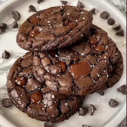 Delicious double chocolate cookies with gooey chocolate chips.