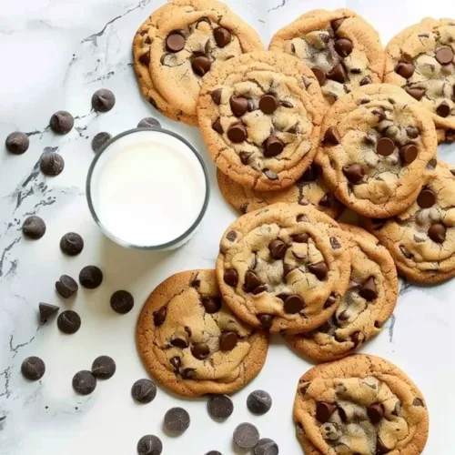 Batch of easy homemade chocolate chip cookies on a cooling rack