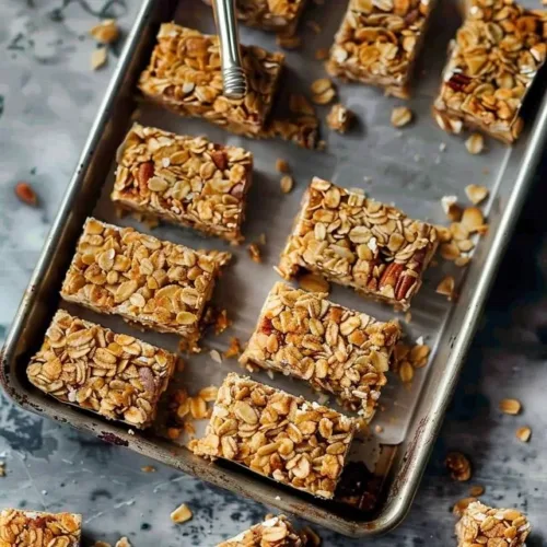 A plate of easy no bake granola bars made with oats and nuts.