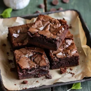 Fudgy triple chocolate brownies topped with chocolate chunks and drizzled with sauce