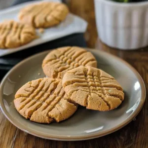 Granny’s Classic Peanut Butter Cookies 3 Granny's classic peanut butter cookies on a plate, freshly baked and delicious
