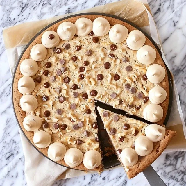 Delicious homemade cookie cake topped with chocolate chips and frosting