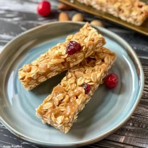 Peanut Butter Granola Bars – 3 Ingredients 3 Homemade granola bars with nuts and dried fruits on a wooden table