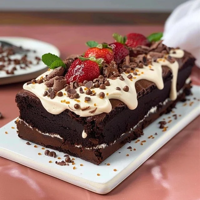Delicious iced brownie cake with rich chocolate icing on a white plate