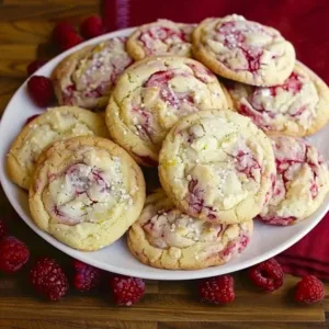 Freshly baked Lemon Raspberry Cookies with lemon zest and raspberry chunks