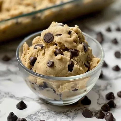 Delicious no-bake cookie dough served in a bowl with chocolate chips