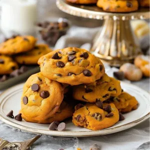 Soft pumpkin chocolate chip cookies on a plate, perfect for fall