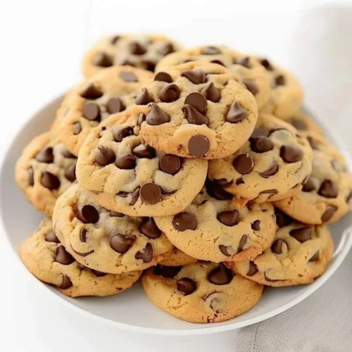Freshly baked chocolate chip cookies on a cooling rack