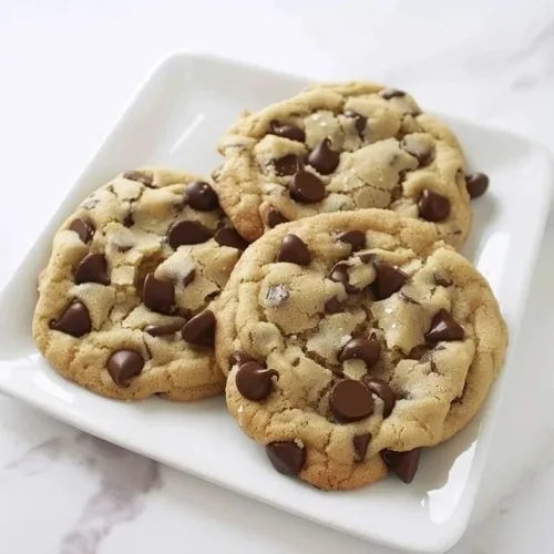 Freshly baked chocolate chip cookies on a cooling rack.