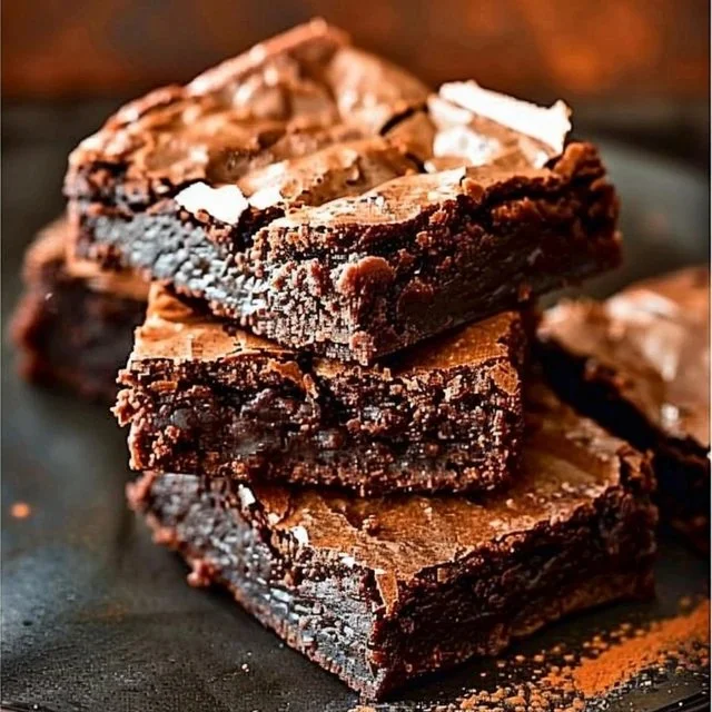 Delicious fudge brownies with crackly tops on a white plate.