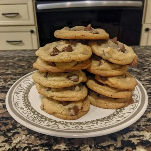 Homemade chocolate chip cookies on a plate with melted chocolate chips