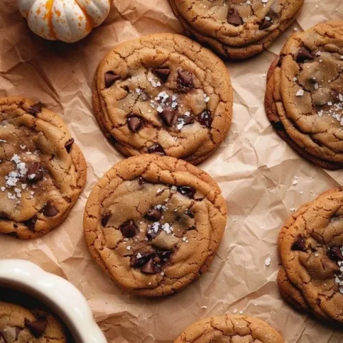 Thick and chewy pumpkin chocolate chip cookies on a wooden tray