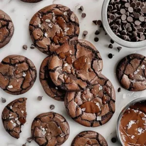 Ultimate double chocolate chip cookies stacked on a plate.