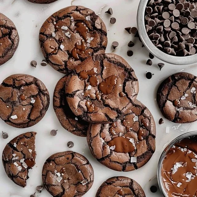 Ultimate double chocolate chip cookies stacked on a plate.