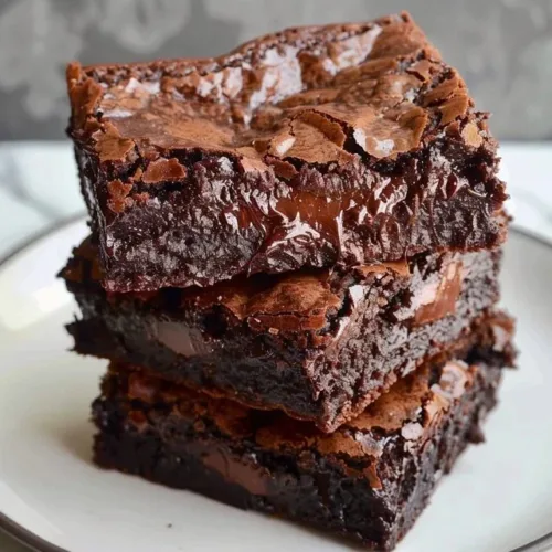 A plate of ultimate fudgy chocolate brownies with a rich, chocolatey texture