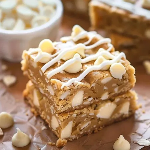 Delicious white chocolate blondies fresh out of the oven, cut into squares.