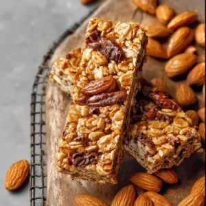 Homemade almond butter granola bars stacked on a wooden surface