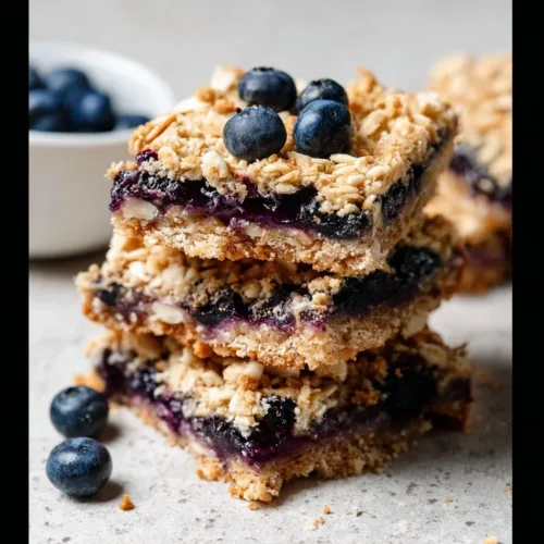 Homemade blueberry oatmeal breakfast bars on a wooden plate