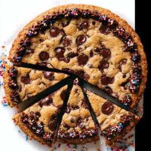 Chewy chocolate chip cookie cake topped with chocolate chips and served on a plate