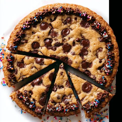 Chewy chocolate chip cookie cake topped with chocolate chips and served on a plate
