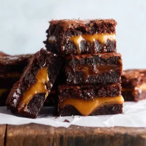 Delicious chocolate fudge caramel brownies topped with a shiny caramel layer.