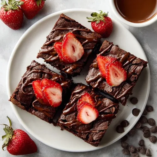 Delicious Chocolate Strawberry Brownies topped with fresh strawberries and chocolate drizzle.